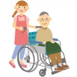 車椅子の高齢者を送迎する介護士の女性