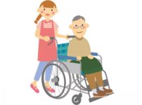 車椅子の高齢者を送迎する介護士の女性